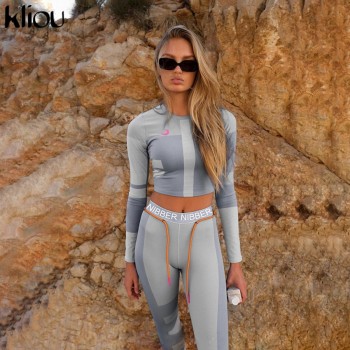 Kliou women fitness two pieces set tracksuit long sleeve crop top letters print elastic skinny leggings sportswear slim outfit